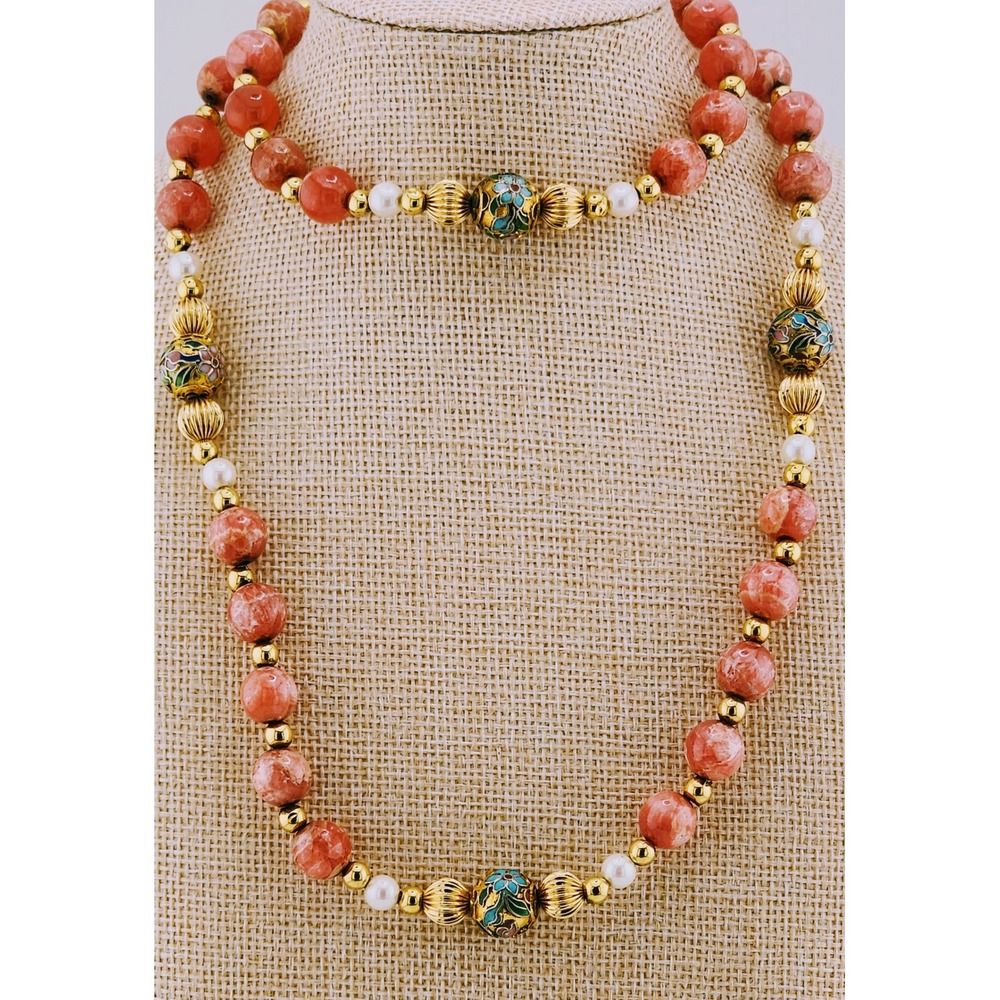Vintage 14k Gold Rhodochrosite Pearl Cloisonne Bead Necklace Estate 585 Stamped